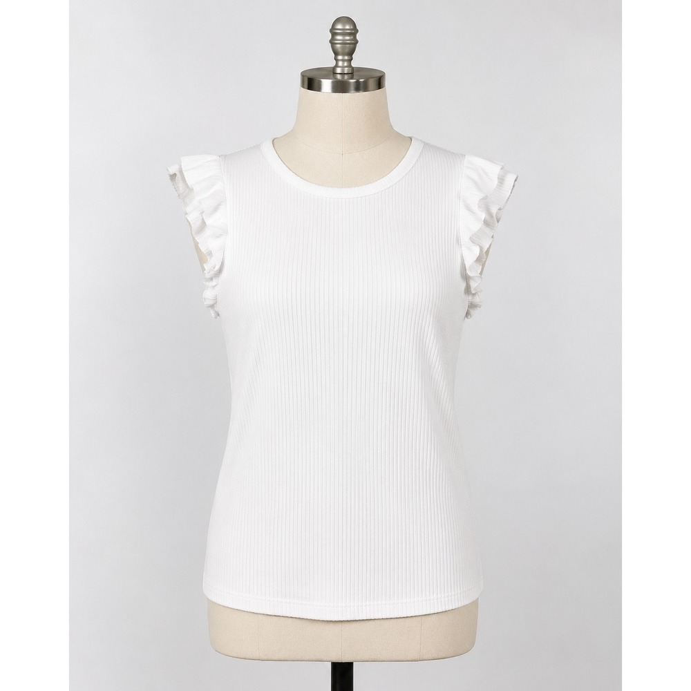 Ophelia Roe White Ribbed Ruffle Sleeve Top Women's Medium Stretch Knit Blouse